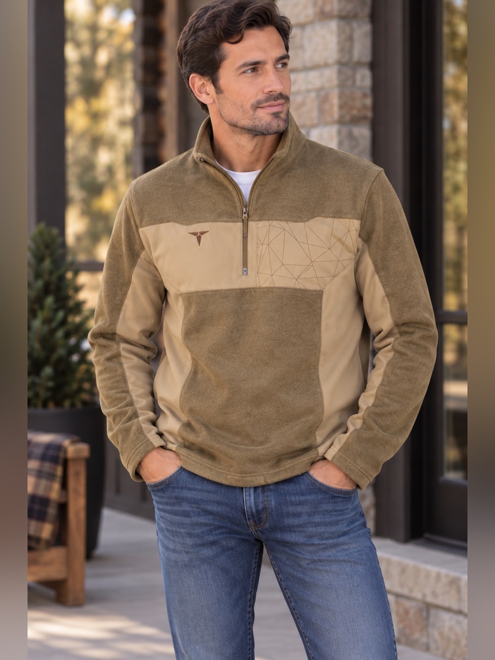 Men’s Quarter Zip Fleece Pullover Olive Tan Geometric Outdoor Treksta Medium